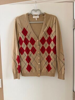 Escada Camel and Red Argyle Cashmere-Blend Cardigan